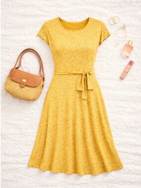 Toad&Co Yellow Floral Wrap Midi Dress Boho Summer Travel Casual Size M